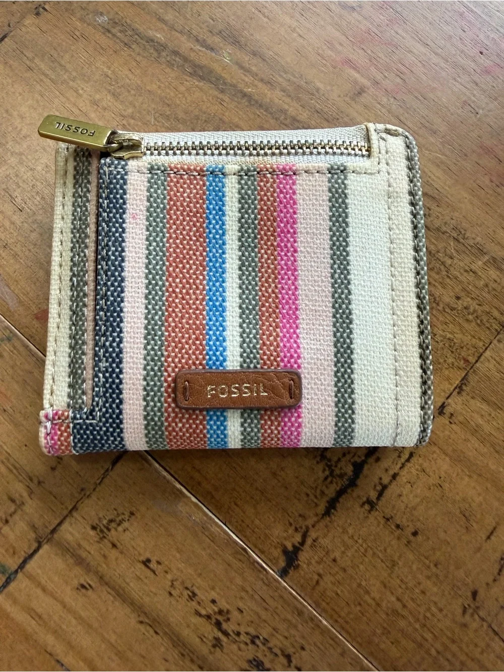 Fossil Women's Striped Canvas Card Holder in Cream, Blue, Pink, Coral